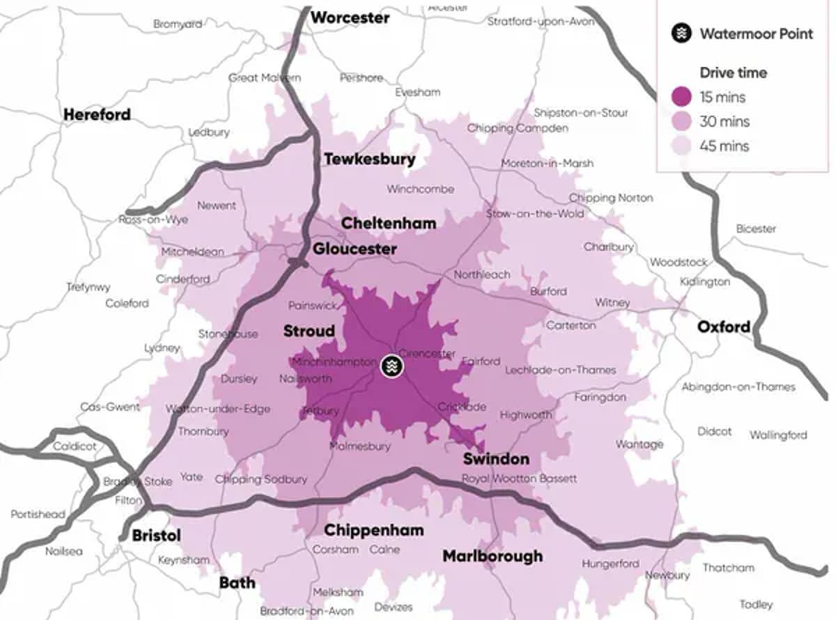 Map of Watermoor Point in Cirencester with drive times to Cheltenham, Swindon, Stroud and Gloucester.