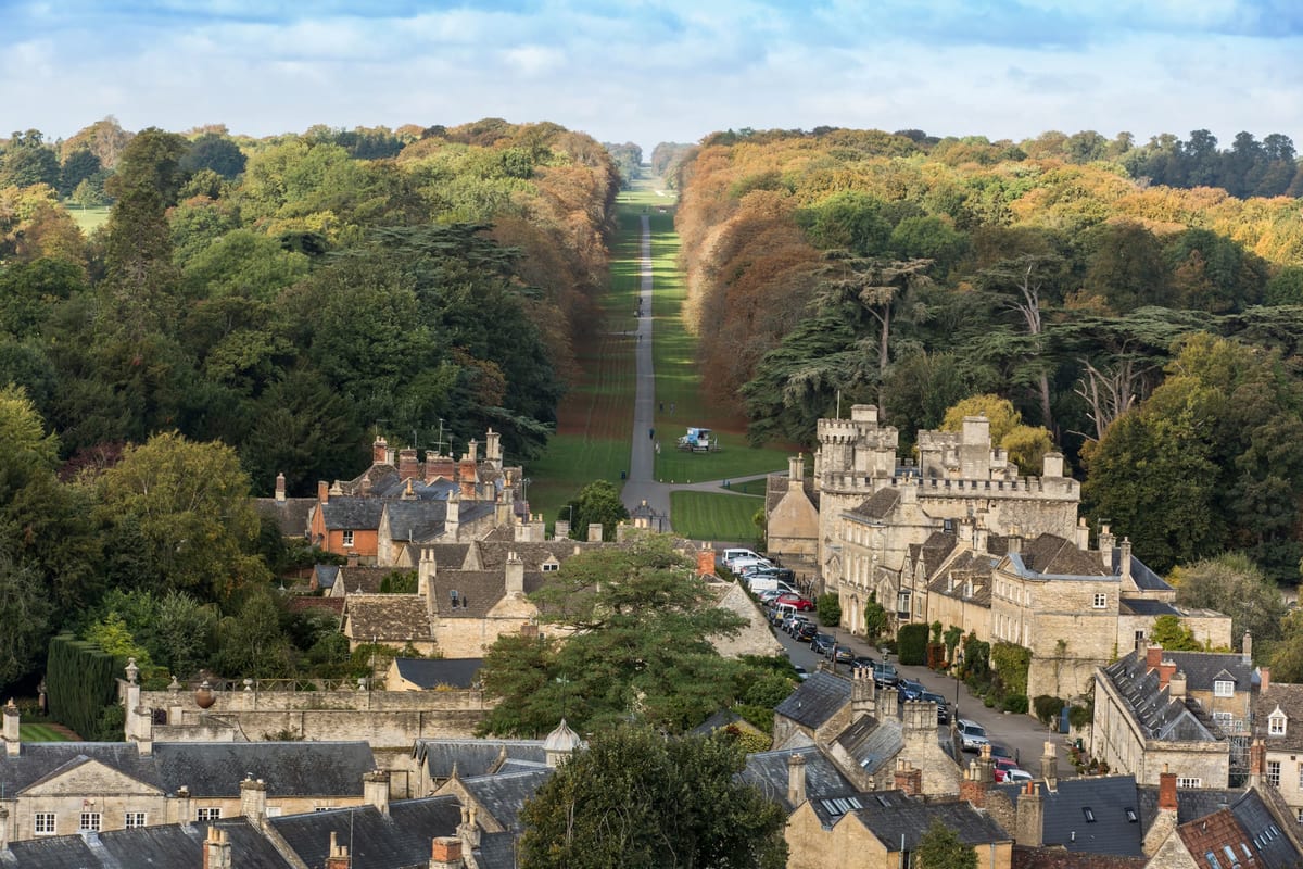 Cirencester Park and the surrounding Cotswold countryside from above