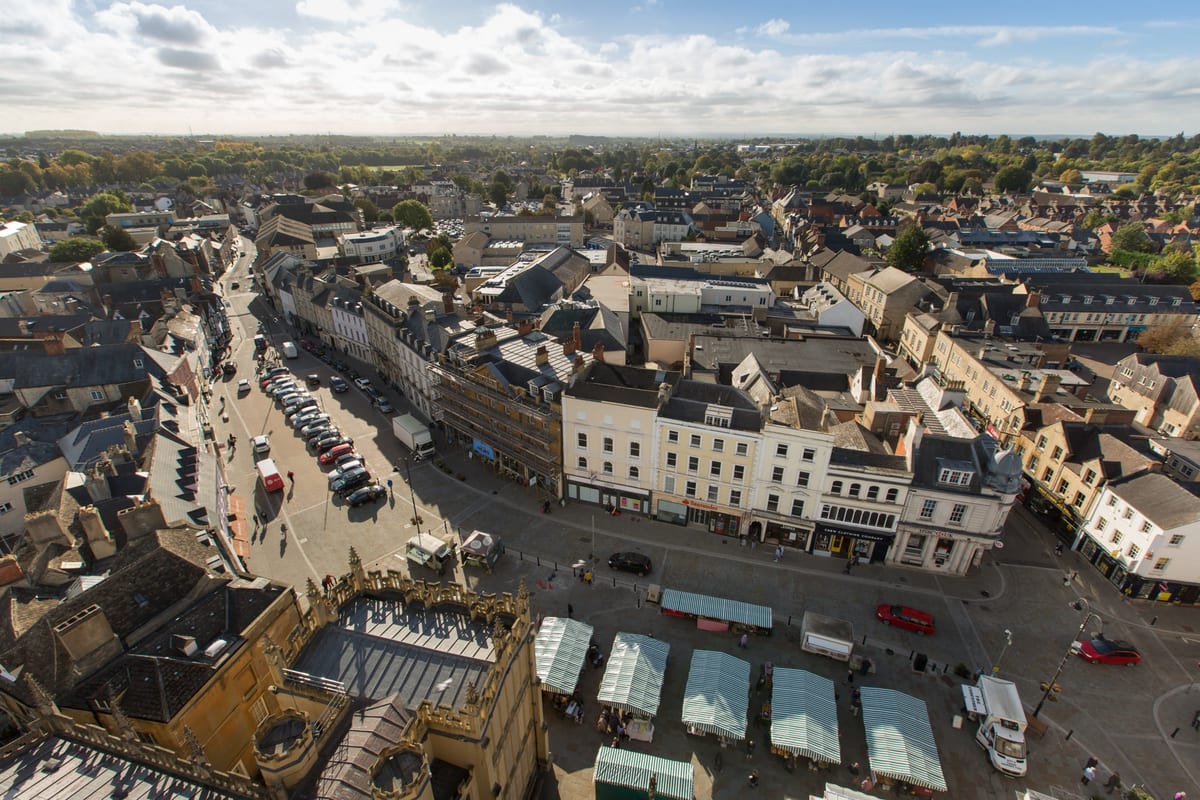 Aerial view of Cirencester town centre and the market place