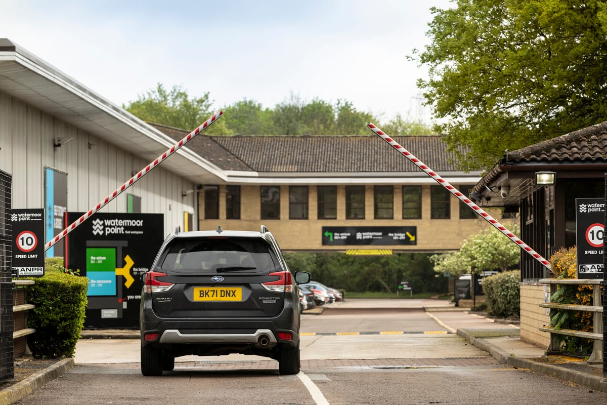 The ANPR-monitored entrance and car park at Watermoor Point, from above