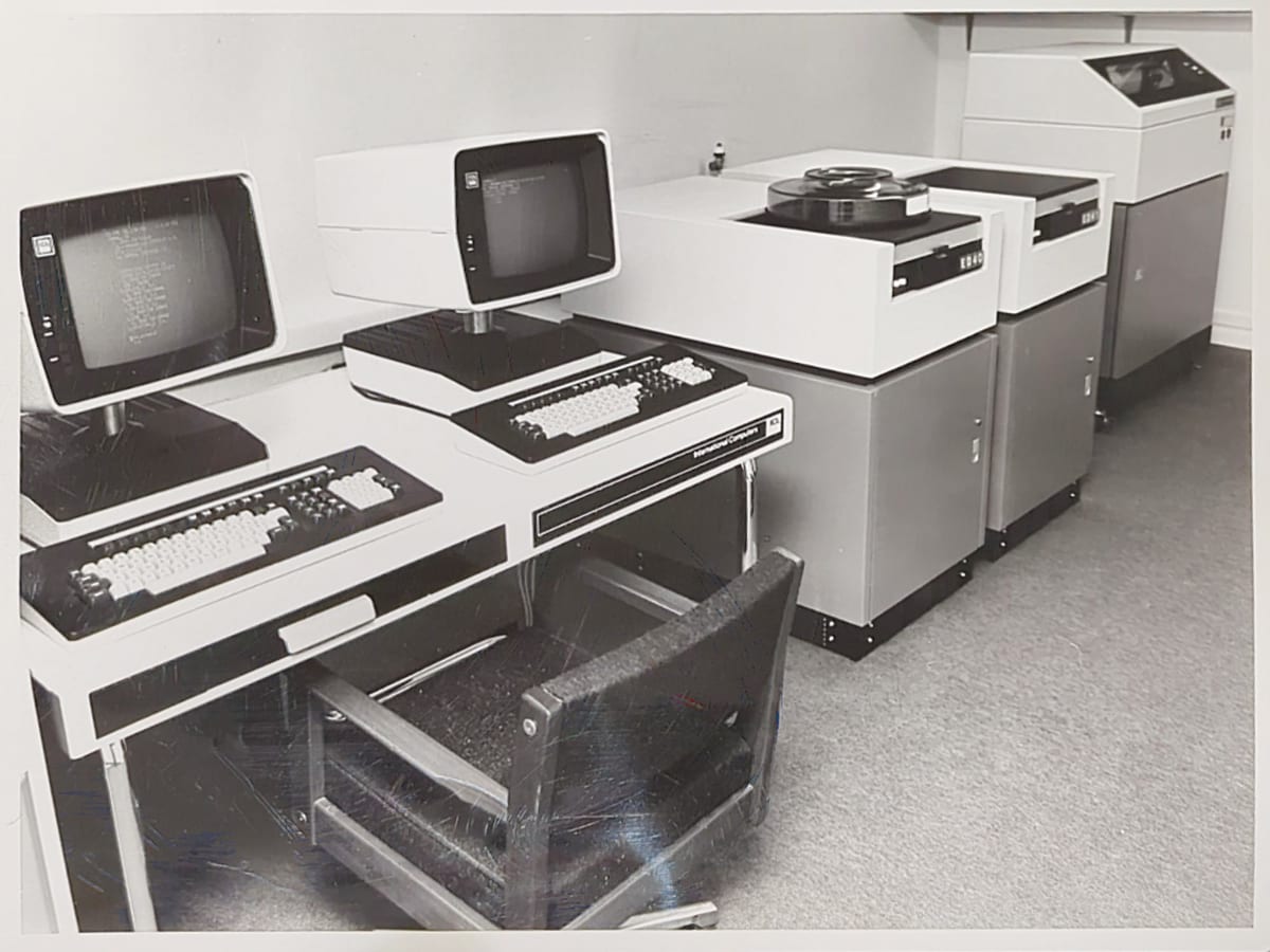 Early computer terminals installed at the new headquarters